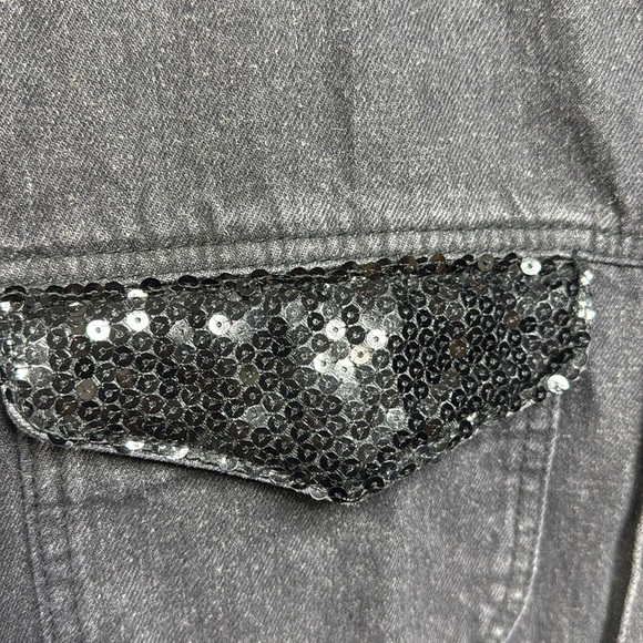 (P1) ASOS DESIGN oversized sequin and leather denim jacket in washed black,Sz L - Picture 4 of 16